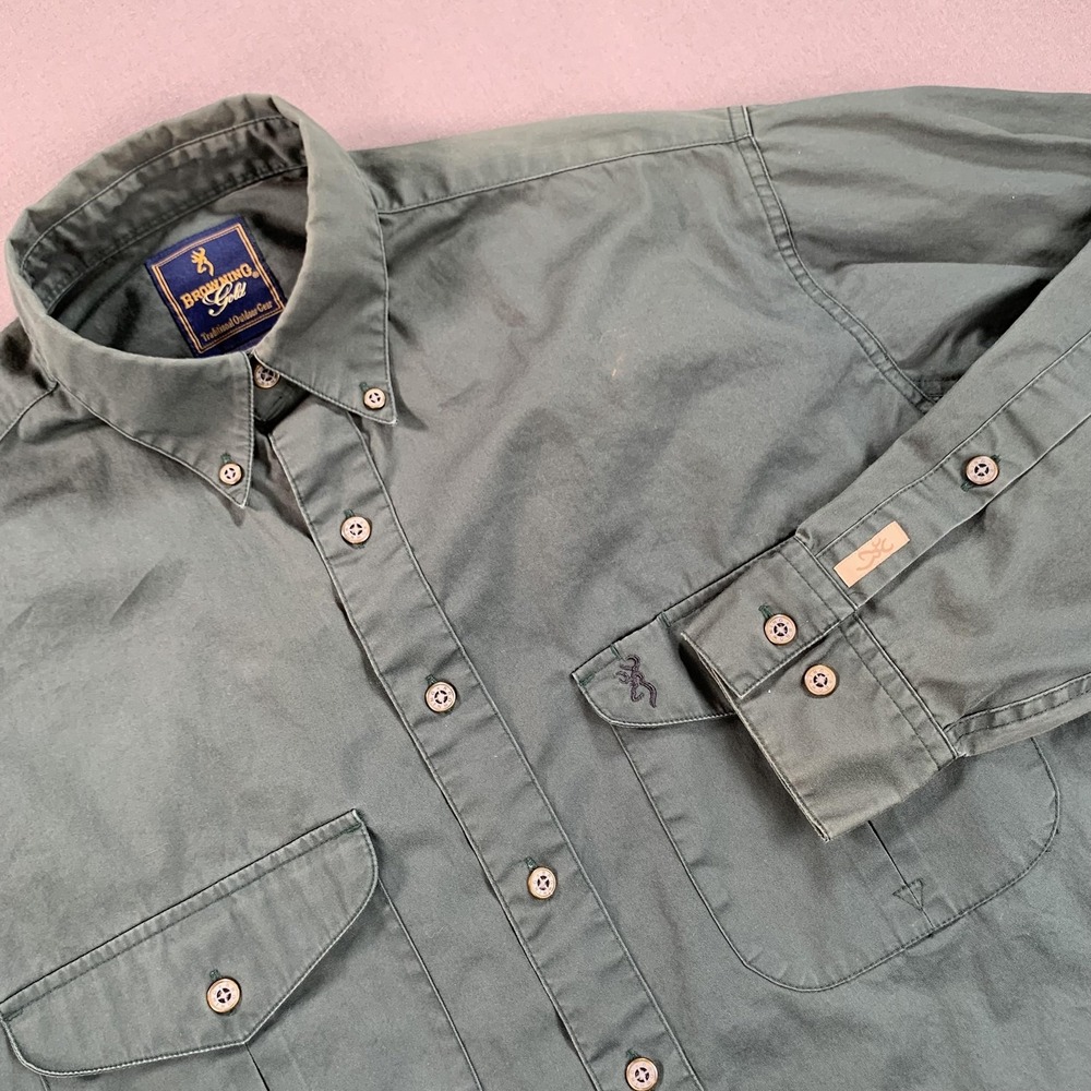 Vintage Browning Gold Shirt Men LG Green Button Down Two Pocket Canvas Hong Kong